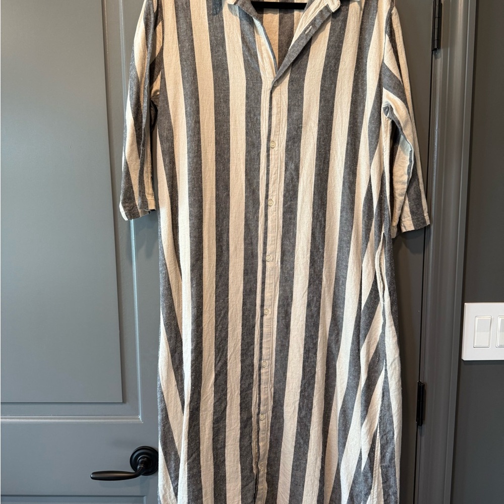 Striped Linen button down Gray and Cream Midi Dress